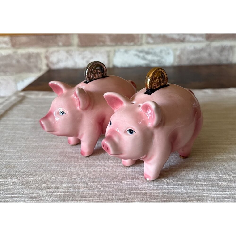Clay Art Vintage Piggy Bank with Coins Salt and Pepper Shakers